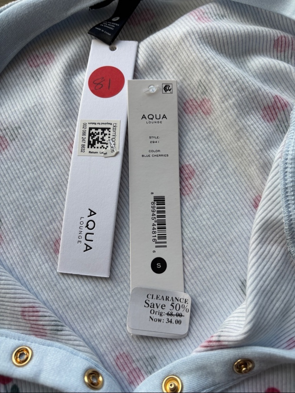 Aqua Lounge Light Blue Cherry Print Henley Nightshirt- NWT - Picture 3 of 3